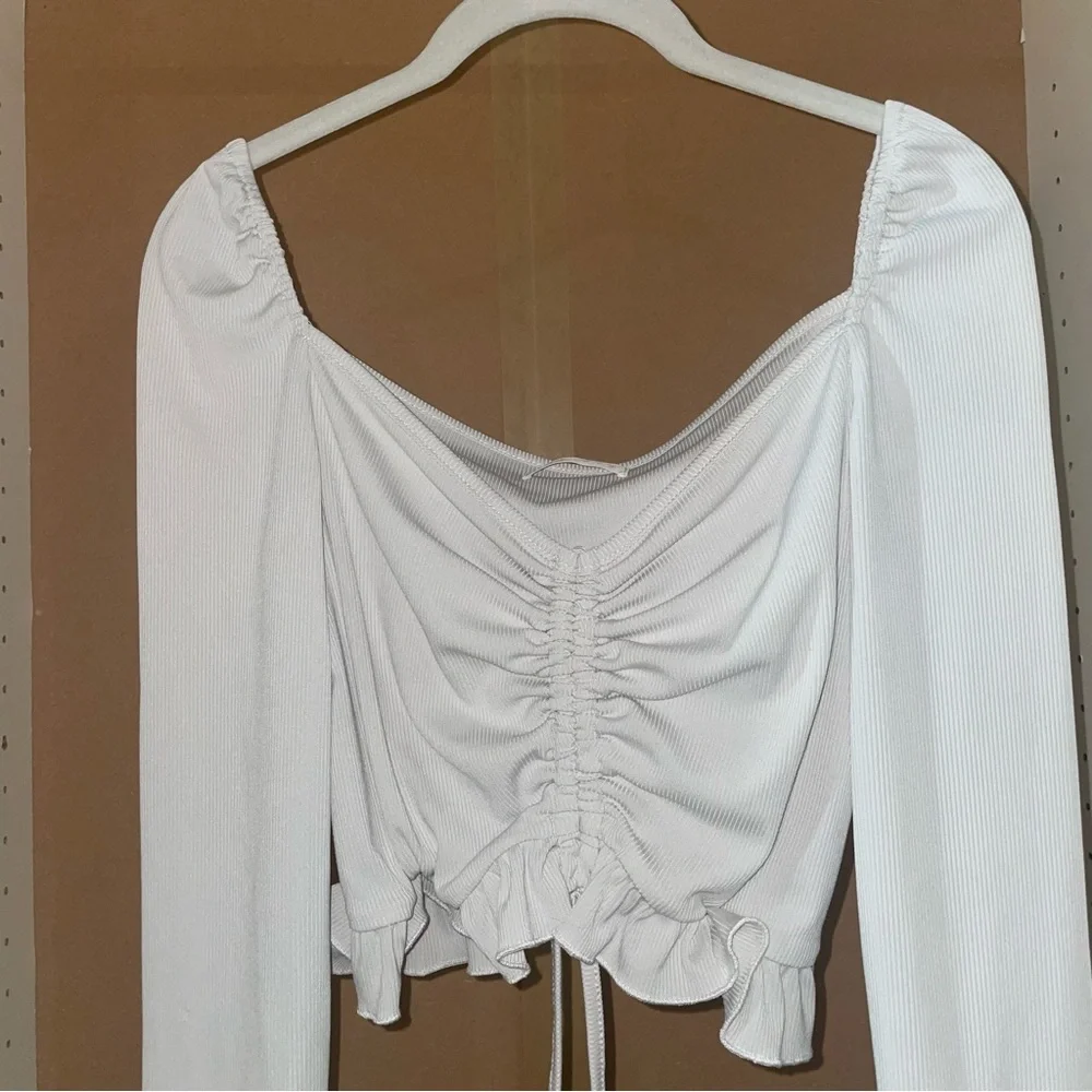 White Cropped Long Sleeve Shirt with Ruching and Ties - Picture 2 of 7